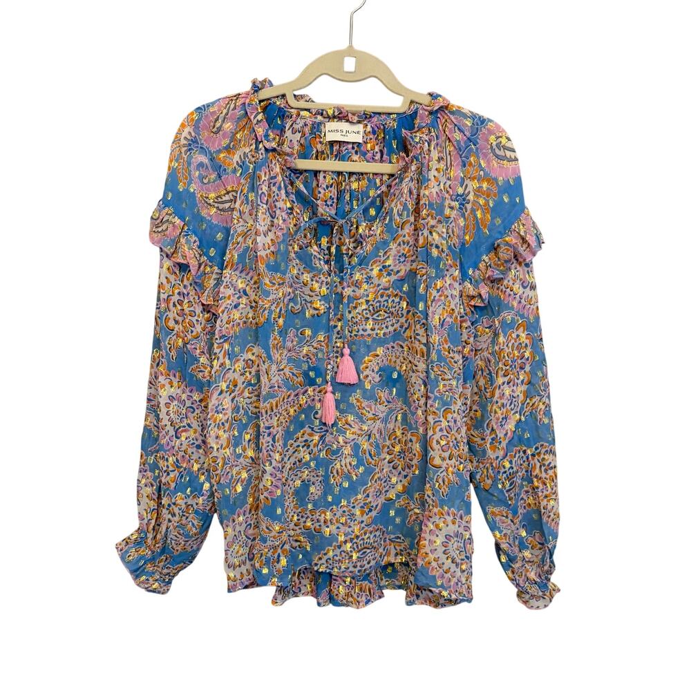 Miss June Paris Blouse Top L/XL Blue Paisley Boho Chic Casual Tassel Romantic